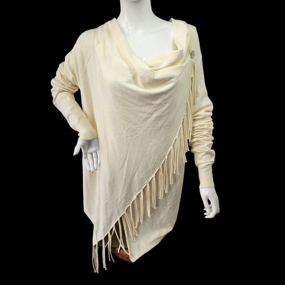 Crosstree Lane Cardigan Fringed White Wrap OS Acrylic Knit Mother Pearl Button - Picture 1 of 9